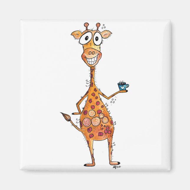 Happy Whimsical Giraffe Drinking Coffee Magnet (Front)