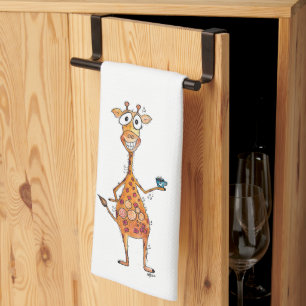 Happy Whimsical Giraffe Drinking Coffee Tea Towel