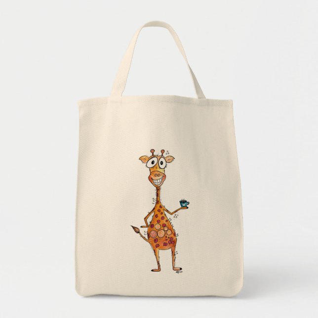 Happy Whimsical Giraffe Drinking Coffee Tote Bag (Front)