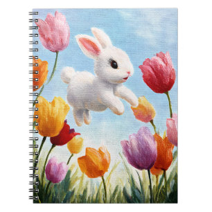 Happy White Bunny Spring Tulip Art Notebook