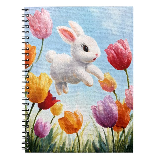 Happy White Bunny Spring Tulip Art Notebook (Front)