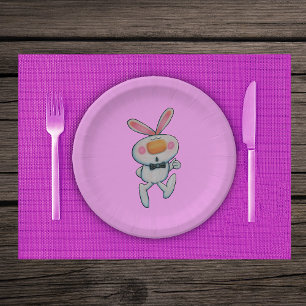 Happy White Bunny Thumbs Up Sign Bow Tie Pink Paper Plate