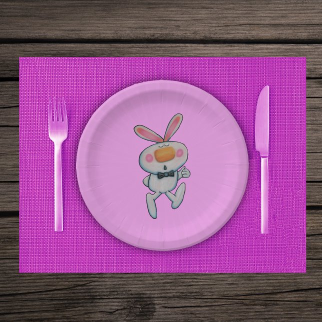 Happy White Bunny Thumbs Up Sign Bow Tie Pink Paper Plate (Happy white bunny thumbs up sign orange nose pink cheeks and ears on pin paper party plates.)