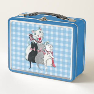 Happy White Mother Cat Three Kittens Plaid Metal Lunch Box