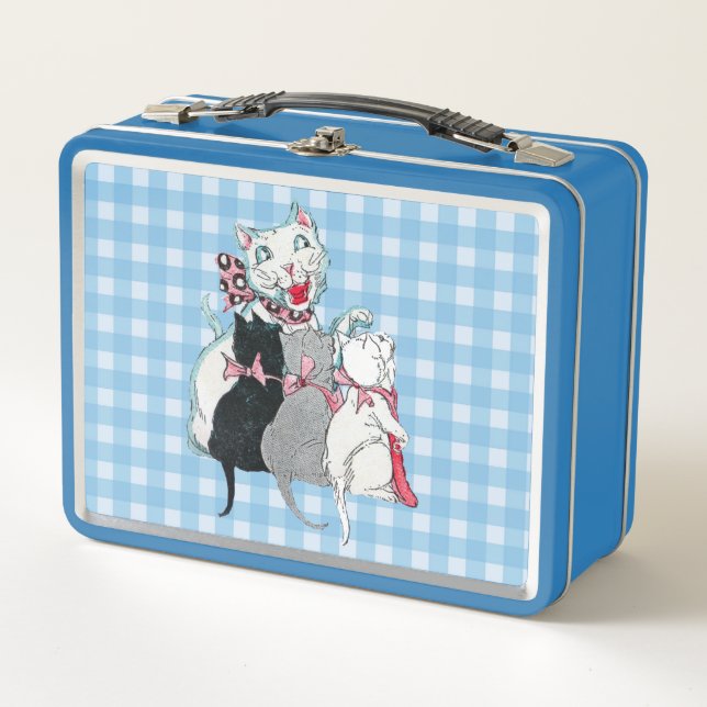 Happy White Mother Cat Three Kittens Plaid Metal Lunch Box (Front)
