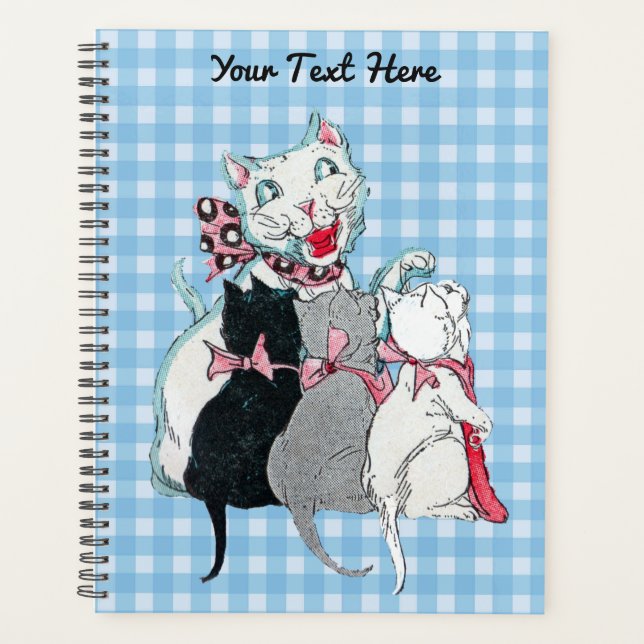 Happy White Mother Cat With Three Kittens Plaid Planner (Front)