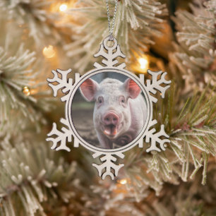 Happy White Pig Tongue Poke, Snowflake Pewter Christmas Ornament