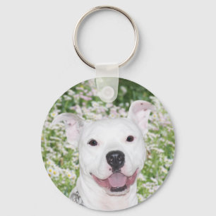 Happy White Pitbull Key Ring