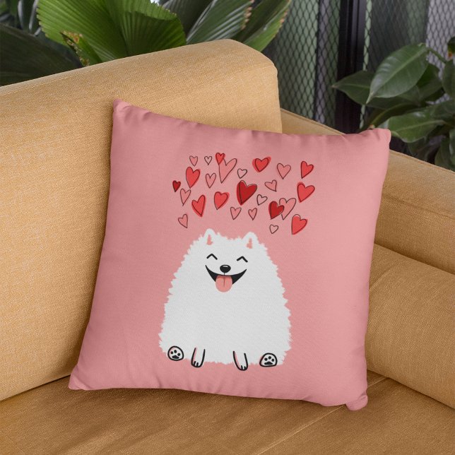 Happy White Pomeranian Dog with Pink Hearts Cushion (Creator Uploaded)