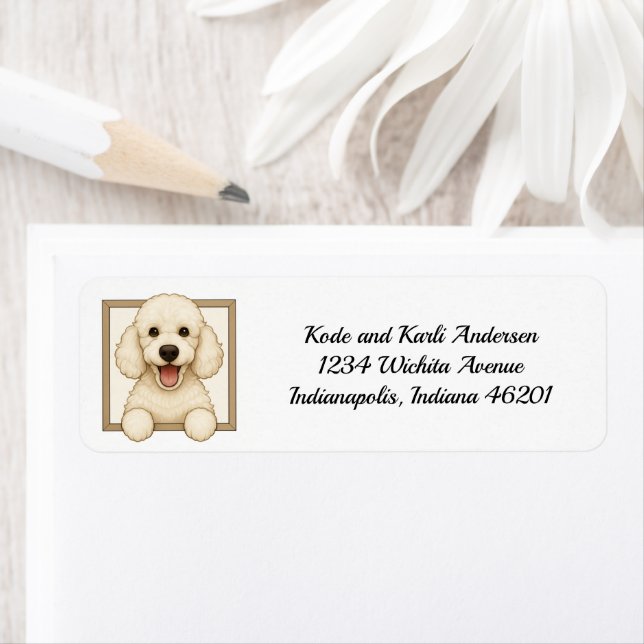 Happy White Poodle Return Address Label (Insitu)