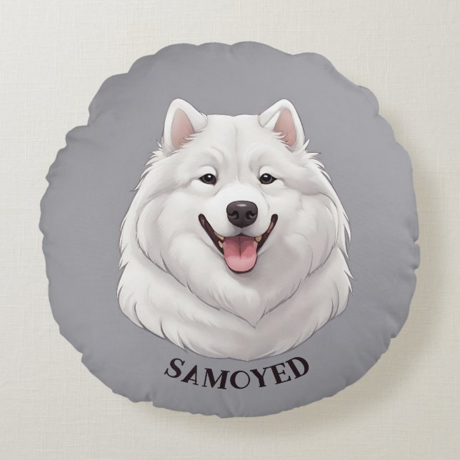 Happy White Samoyed Dog Round Cushion (Front)