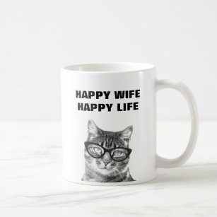 HAPPY WIFE HAPPY LIFE funny wedding quote cat mug