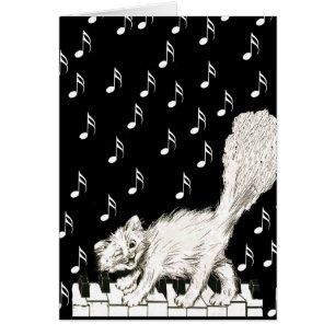 Happy Winking White Cat on Piano Keys Music Notes