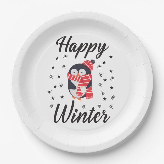 Happy Winter, Cute Penguin Paper Plate (Front)