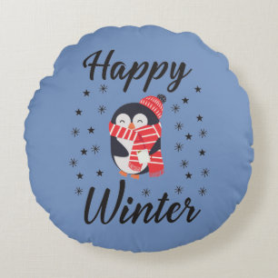 Happy Winter, Cute Penguin Round Cushion