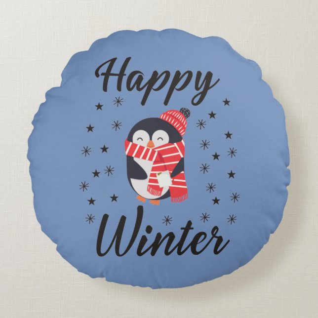 Happy Winter, Cute Penguin Round Cushion (Front)