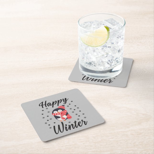 Happy Winter, Cute Penguin Square Paper Coaster (Insitu)