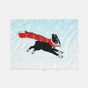 Happy Winter Fun Boston Terrier wearing Red Scarf Fleece Blanket