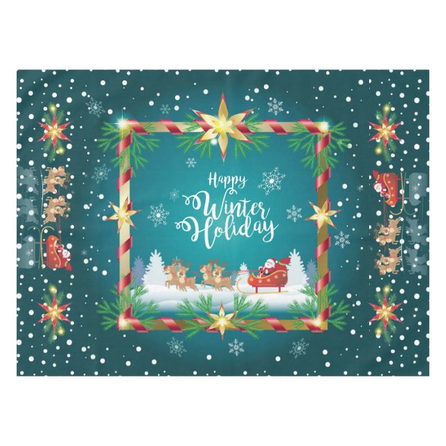 Happy Winter Holiday Snowy Fairy Tale with Santa Tablecloth (Front (Horizontal))
