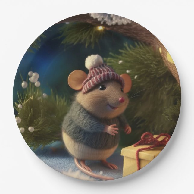Happy Winter Mouse with a present Paper Plates (Front)