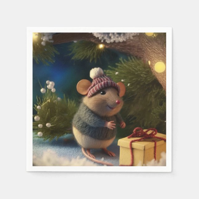 Happy Winter Mouse with a present Paper Plates Napkin (Front)