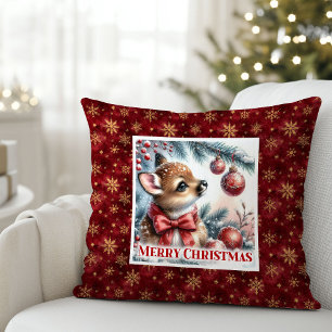 Happy winter scene baby fawn Christmas pillow