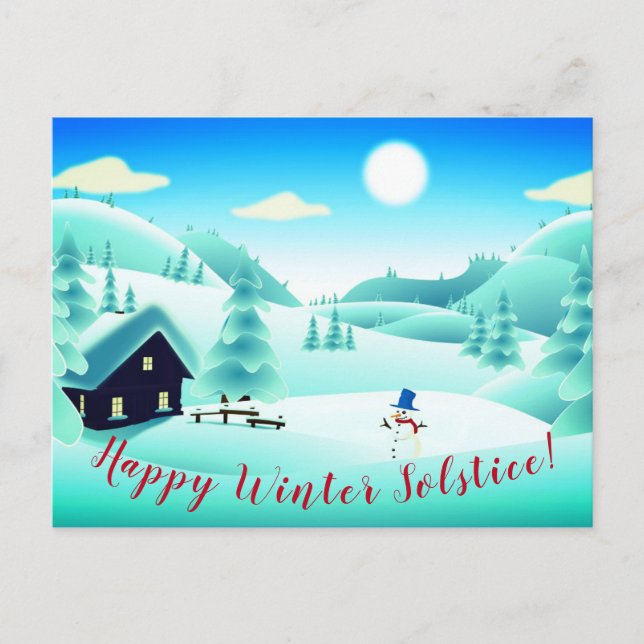 Happy Winter Solstice! Snowman Scenery Custom Postcard (Front)