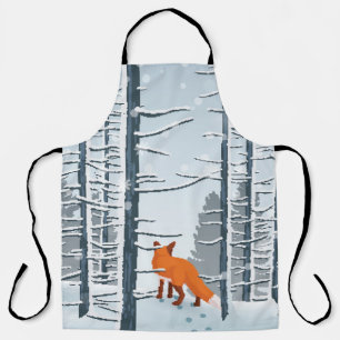 Happy Winter with Forest Landscape and fox animal Apron