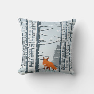 Happy Winter with Forest Landscape and fox animal Cushion