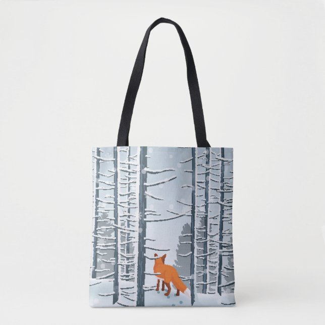 Happy Winter with Forest Landscape and fox animal Tote Bag (Front)