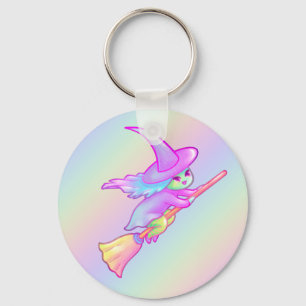 Happy Witch Flying On Broomstick Drawing Key Ring