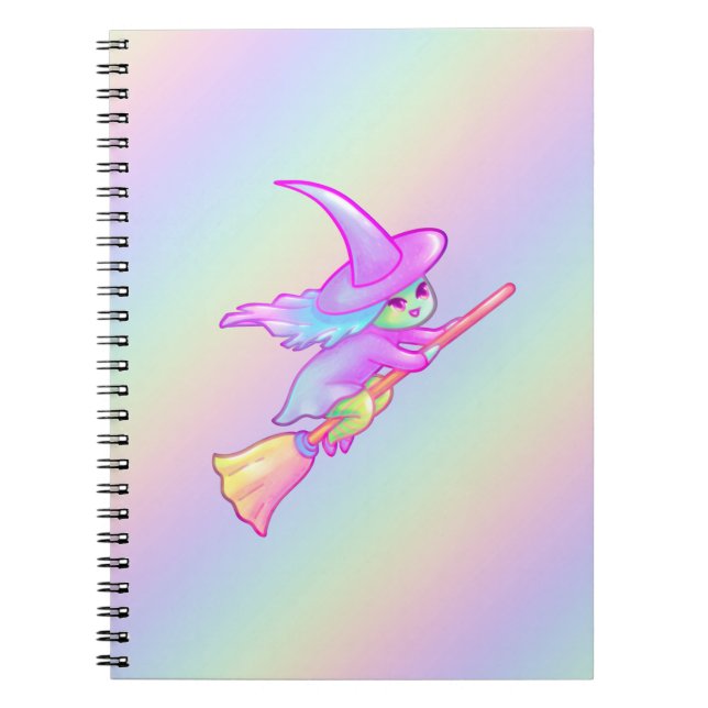Happy Witch Flying On Broomstick Drawing Notebook (Front)