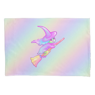 Happy Witch Flying On Broomstick Drawing Pillowcase