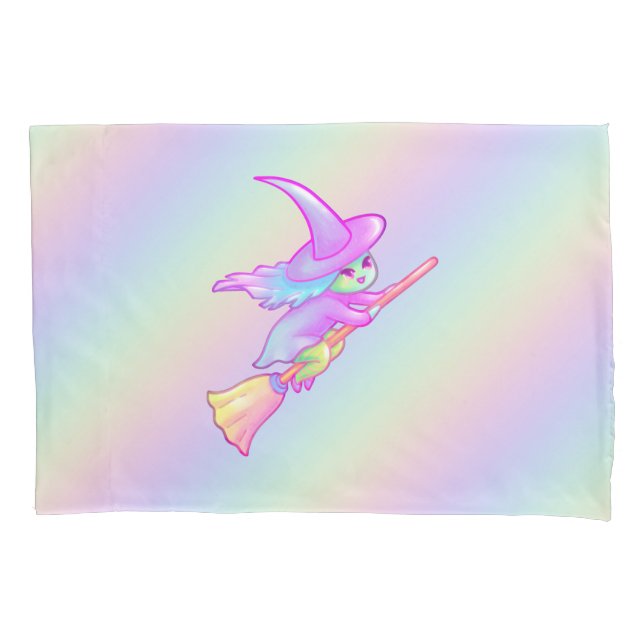 Happy Witch Flying On Broomstick Drawing Pillowcase (Front)