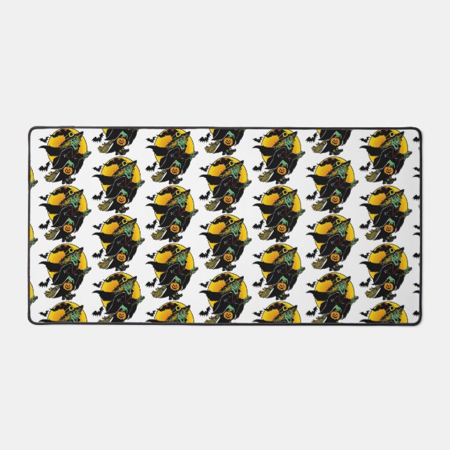 Happy Witch Green Face Halloween Pattern Desk Mat (Front)
