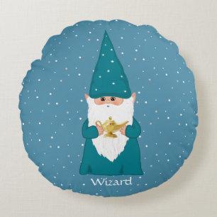 Happy Wizard Gnome & Magic Lamp on Sapphire Blue Round Cushion