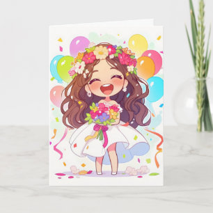 Happy Woman Anime Balloons Holiday Card