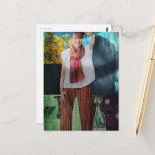 Happy Woman Retro Cat Mixed Media Collage Postcard