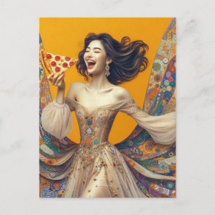 Happy Woman With Pizza Colourful Unique Postcard
