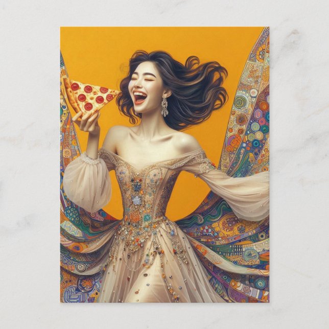 Happy Woman With Pizza Colourful Unique Postcard (Front)