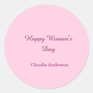 Happy woman's day pink mauve name stylish calligra classic round sticker