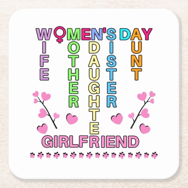 Happy Women's Day Square Paper Coaster (Front)