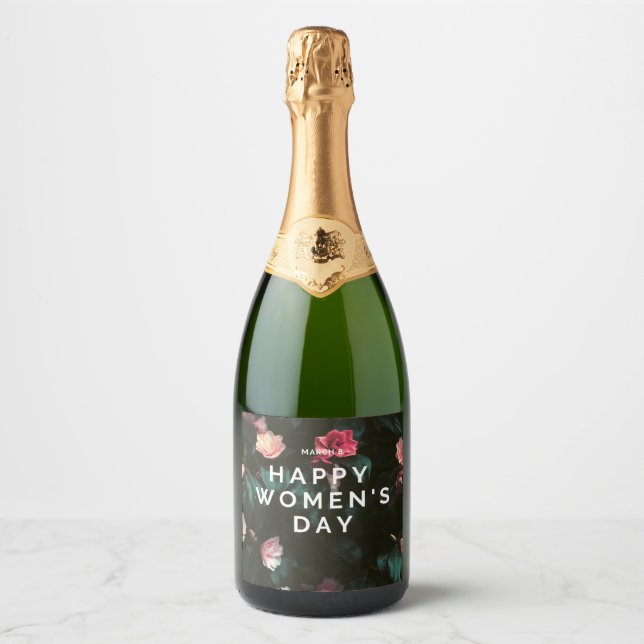 Happy women's day text on floral sparkling wine label (Front)