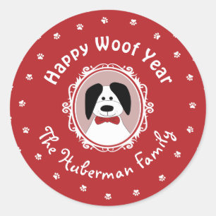 'Happy Woof Year' Cute Dog Christmas Classic Round Sticker