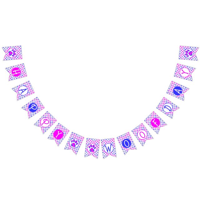 Happy Woofday Blue White Pink Paw Silhouette Bunting (All)