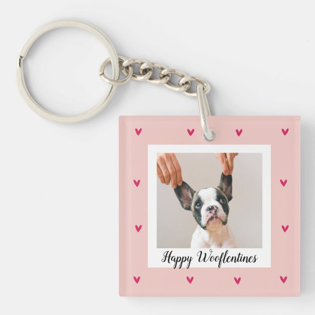 Happy Wooflentines With Dog Photo | Red & Pink Key Ring (Front)