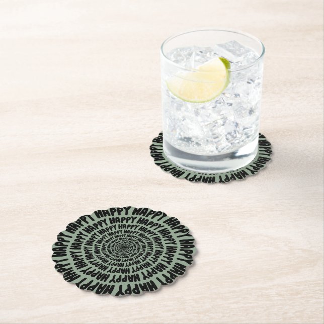 Happy words font spiral concentric circles green   paper coaster (Insitu)