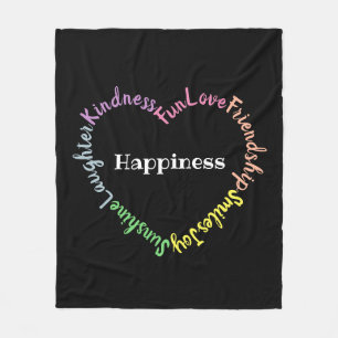 Happy Words Pastel Typography Heart Black Fleece Blanket