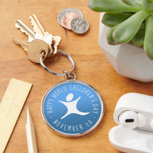 Happy World Children's Day Blue Glitter Key Ring (Desk)