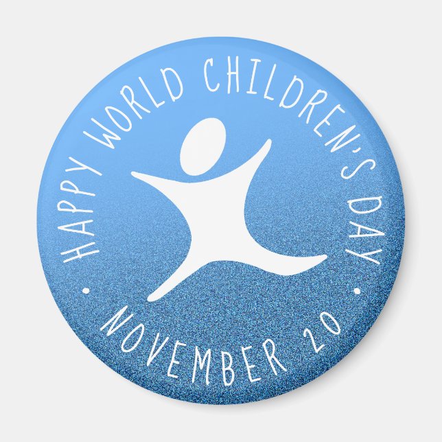Happy World Children's Day Blue Glitter Magnet (Front)